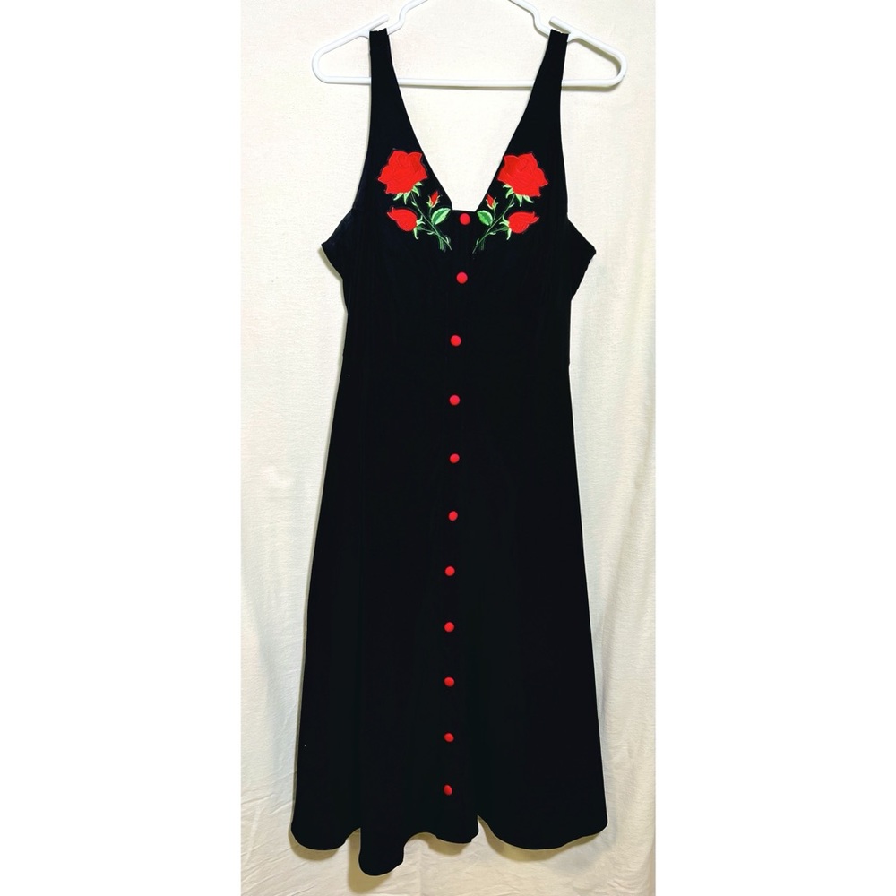 Belle Poque Retro Vintage Embroidered Roses Midi Black Dress Size XL
